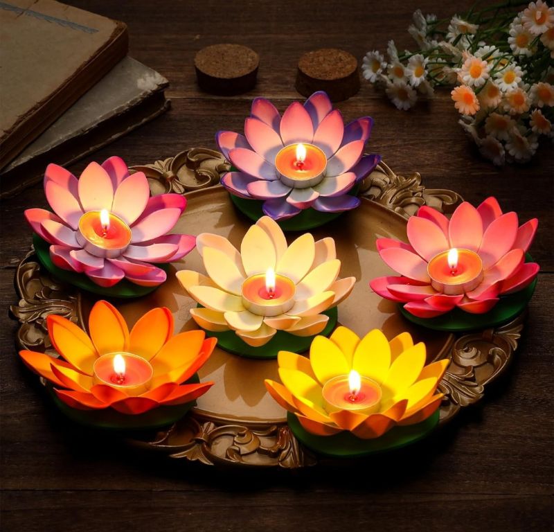 Photo 1 of Diwali Lotus Decoration Lotus Floating Candle Holder with Real Candles Artificial Flower Lanterns