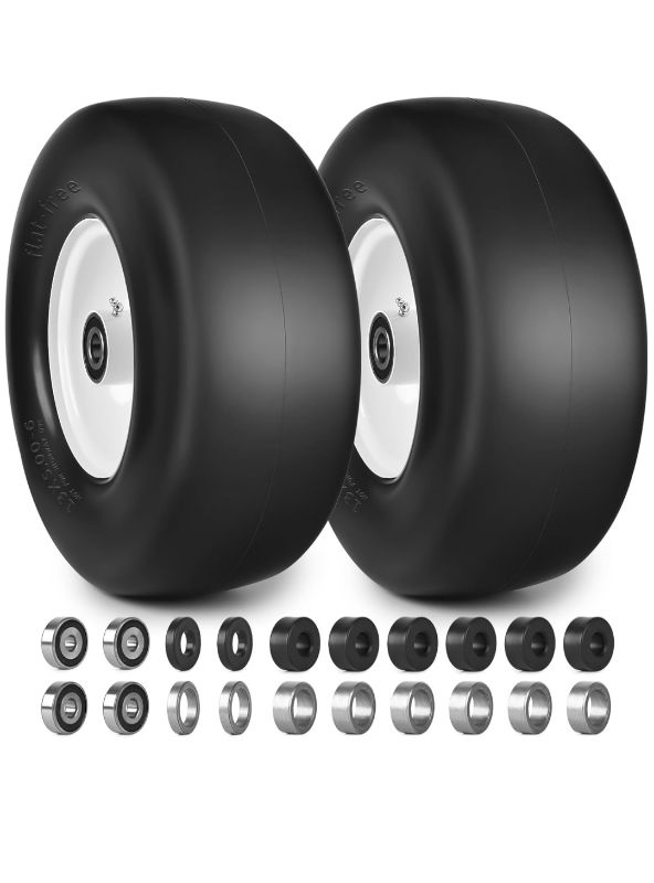 Photo 1 of 13x5.00-6 Flat Free Lawn Mower Tires and Wheels 3/4" 5/8" 1/2" Ball Bearings, 13x5x6 Zero Turn Mower Front Tires, Smooth Tires for Commercial Grade Lawn 3.25"-5.25" Adjustable Centered Hub
