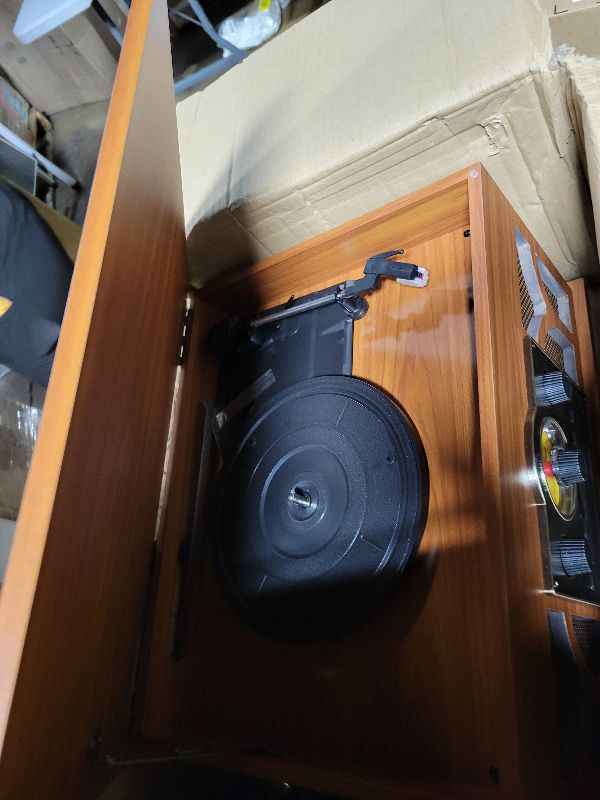 Photo 1 of 10-in-1 Record Player with Built-in Speakers Wireless Playback, CD & Cassette Player, USB Player, AM/FM Radio, 3 Speeds Turntable Vinyl Record Player Mahogany