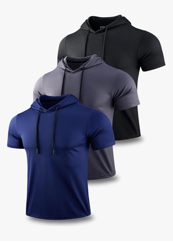 Photo 1 of 3 Pack: Men's Lightweight Short Sleeve Workout Hoodies, Athletic Dry Fit Hooded T Shirts for Gym Running. M