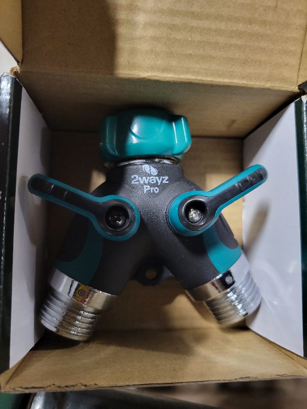 Photo 1 of 2WAYZ Hose Splitter 2 Way Heavy Duty Outdoor Faucet and Garden Connector - Water Spigot Splitter - Durable All-Metal Y Adapter with Shut-Off Valve - 4 x 4 x 1.5 Inches