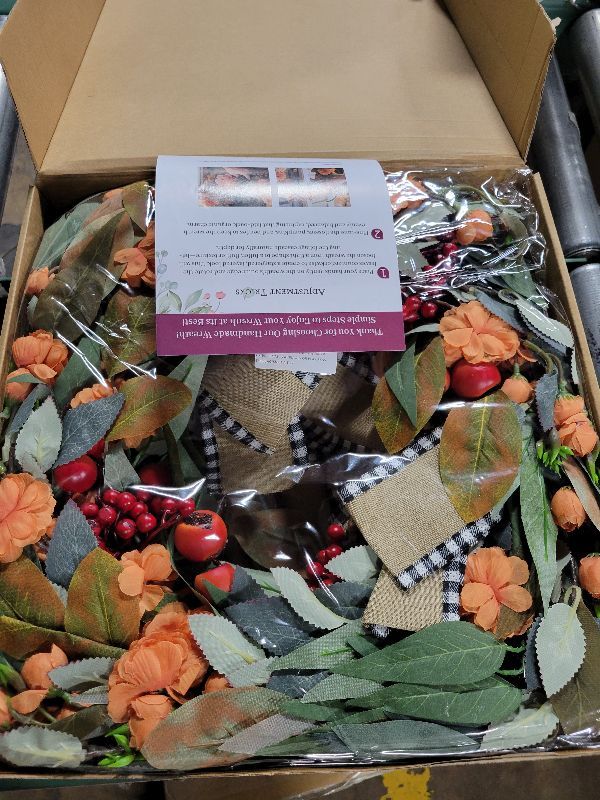 Photo 1 of 24 Inch Artificial Fall Wreaths for Front Door - Autumn Wreath with Large Red Berries, Fall Leaves, Burlow Bow - Farmhouse Decor for Thanksgiving, Harvest Festival, Indoor Outdoor Wall Porch Holiday