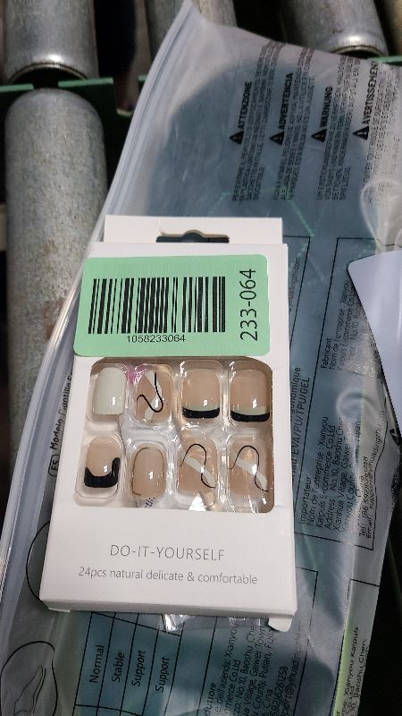 Photo 1 of 24PCS Full Cover Reusable False Nails Kits, Press on Nail Short Square Glue on Nails with Line Designs Artificial Glossy Fingernails Acrylic Fake Nails for Women Stick on Nails Coffin Shape