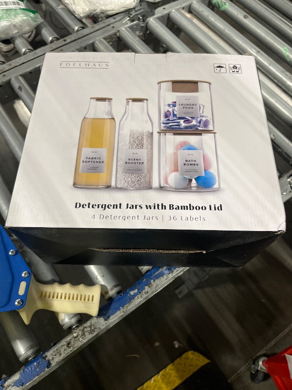 Photo 1 of *Missing Parts - Check clerk notes*
Glass Laundry Detergent Dispenser Containers with 36 Labels - Glass Jars with Lids - Laundry Room Organization - Storage Containers for Detergent, pods, liquid Fabric softener, Scent Booster Set of 4