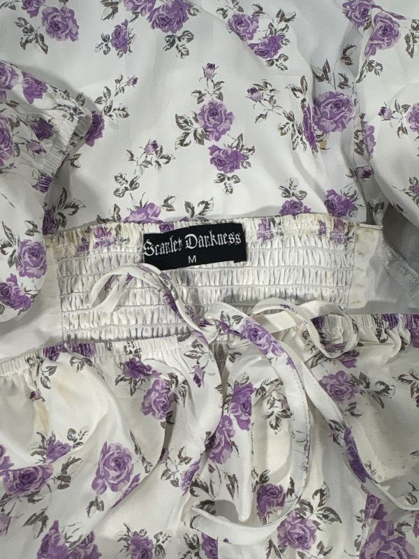 Photo 1 of **MINOR DAMAGE**LOOK AT PHOTO**
Scarlet Darkness Floral Flowy Dress for Women Square Neck Long Split Milkmaid Dress White Purple Floral M