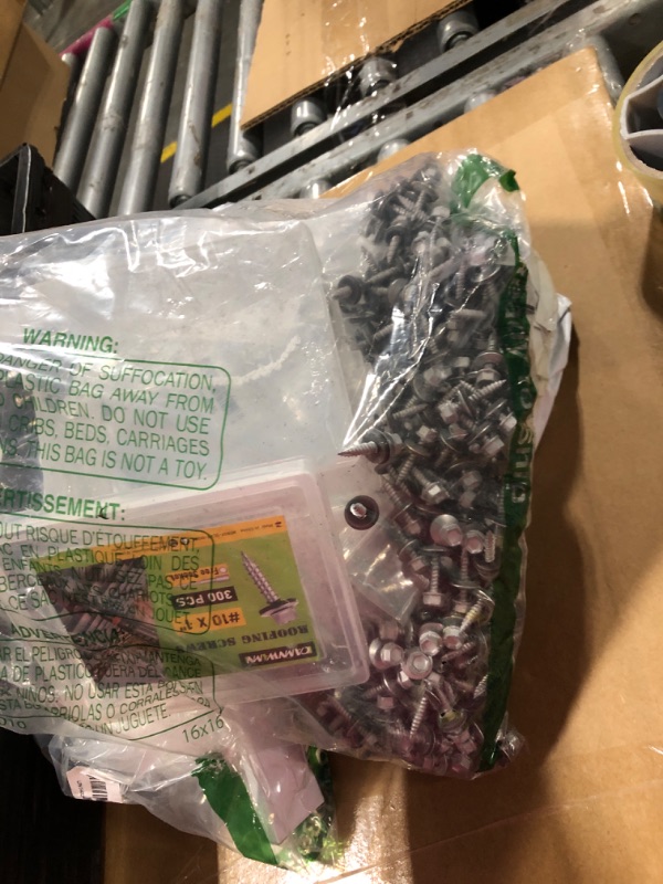 Photo 1 of ***BOX IS BROKEN MIGHT HAVE MISSING SCREWS***CAMNWAMN 300 Pcs, #10 x 1 Inch Hex Head Metal Roofing Screws, Zinc Plated Sharp Point Sheet Metal Roof Screw with Rubber Washer, Self Tapping Metal to Wood Siding Screws, Hex Socket Included
