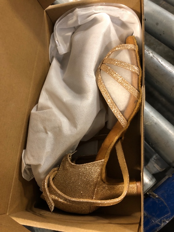 Photo 1 of *Dirty Item* CLEECLI Women's Ballroom Dance Shoes Latin Salsa Dancing Shoes Cross Strap 2.5inch 3inch Heel ZB04(9,Glitter Gold-2.5 Inch Heel)