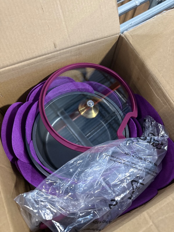 Photo 1 of **Missing parts**CAROTE 21pcs Pots and Pans Set, Nonstick Cookware Set Detachable Handle, Induction Kitchen Cookware Sets Non Stick with Removable Handle, RV Cookware Set, Gold and Purple
**Missing parts**