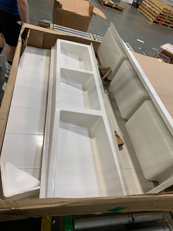 Photo 1 of ** USED / UNTESTED *** White Acrylic Tub Wall Surround 32"x 60"x 58" - Waterproof, Easy-to-Install, Two Shelf Units Kit Included - Bathtub Wall Surround Panels - Stacked Tiles Pattern, Classic Shelves - Noah William Home
