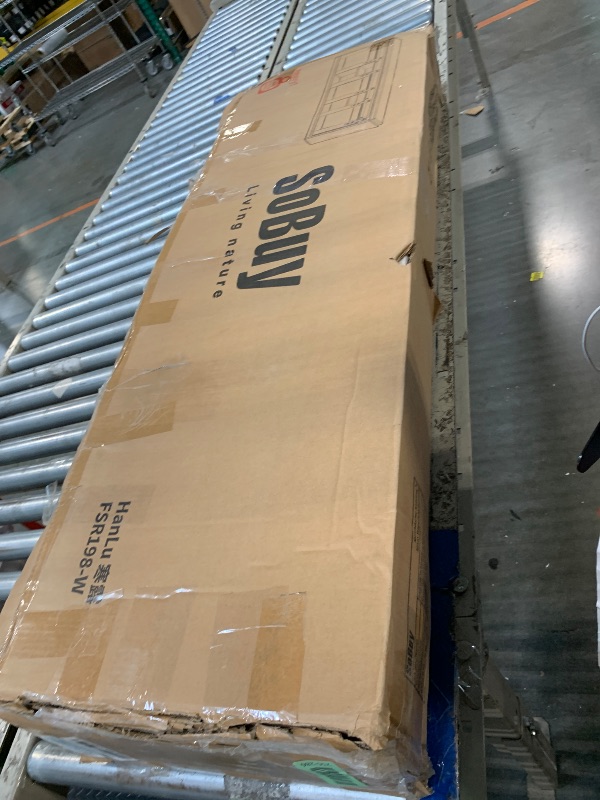 Photo 1 of ** USED/ MISSING PARTS *** Haotian Shoe Storage Bench, Entryway Hallway Shoe Cabinet, Sliding Barn Doors, Drawer & Padded Seat Cushion, Rustic Window Bench for Mudroom, Industrial Style (White) FSR198-W