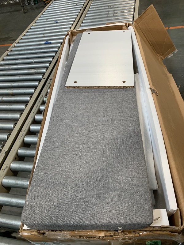 Photo 1 of ** USED/ MISSING PARTS *** Haotian Shoe Storage Bench, Entryway Hallway Shoe Cabinet, Sliding Barn Doors, Drawer & Padded Seat Cushion, Rustic Window Bench for Mudroom, Industrial Style (White) FSR198-W