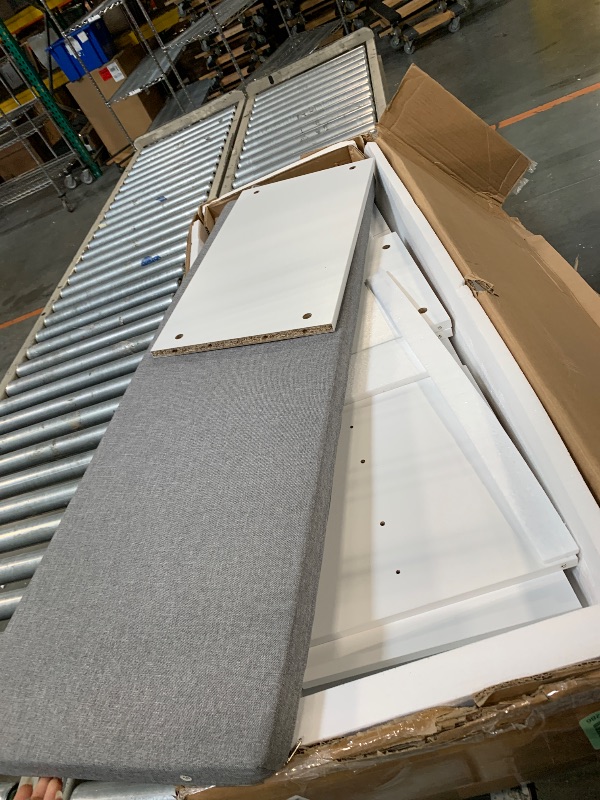 Photo 1 of ** USED/ MISSING PARTS *** Haotian Shoe Storage Bench, Entryway Hallway Shoe Cabinet, Sliding Barn Doors, Drawer & Padded Seat Cushion, Rustic Window Bench for Mudroom, Industrial Style (White) FSR198-W