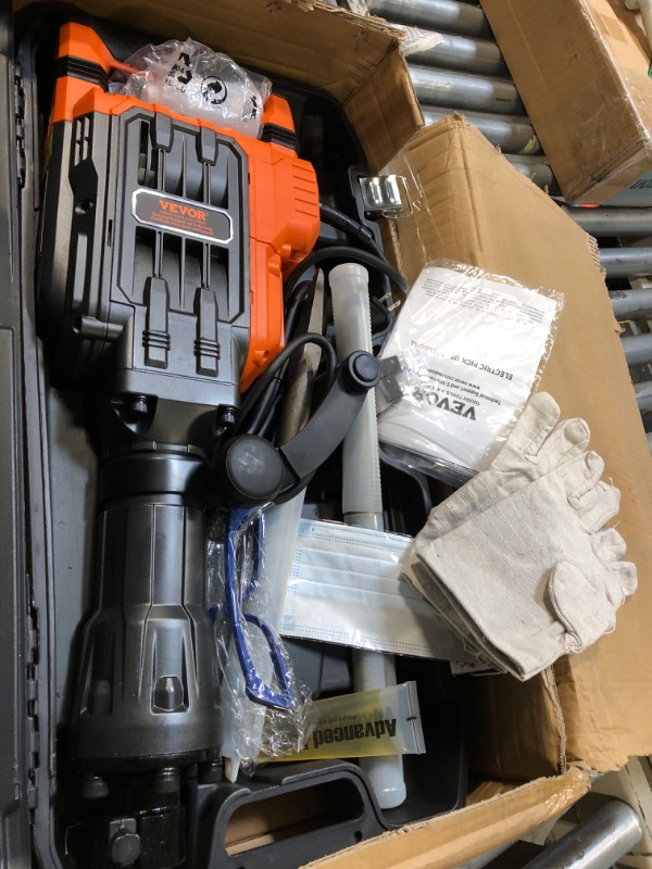Photo 1 of ** USED / UNTESTED *** VEVOR 3500W Electric Demolition Hammer, 1900 BPM Durable Jack Hammer, Concrete Breaker with 2 Chisels, Gloves, and a 360° Rotatable Handle for Efficient Trenching, Black