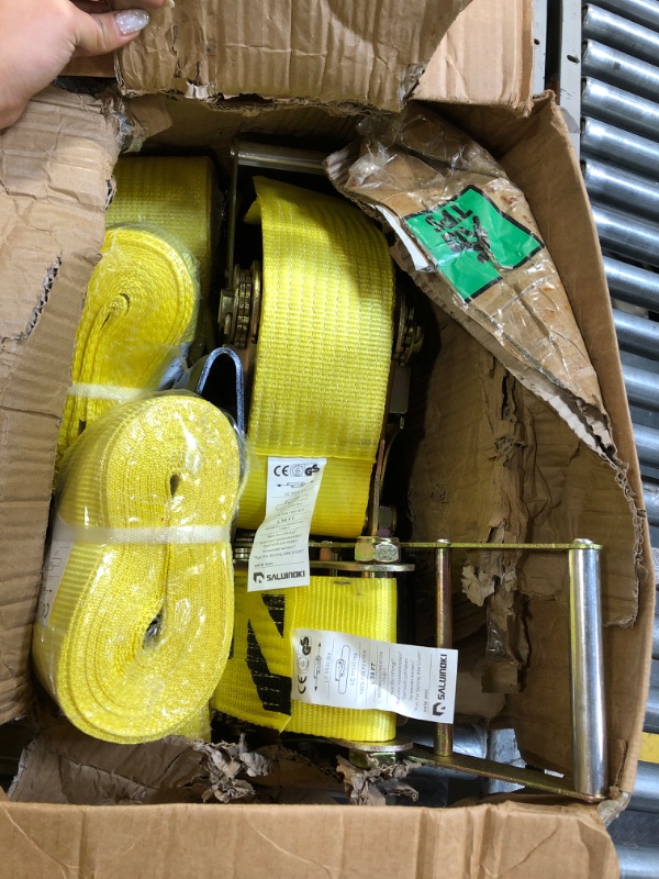 Photo 1 of ** USED ** SALUINOKI 4Pack 4 inch Ratchet Straps 4x30 Truck Strap with Flat Hook for Flatbed Trailer Winch Strap Heavy Duty 4 inch Ratchet Straps Flatbed Yellow