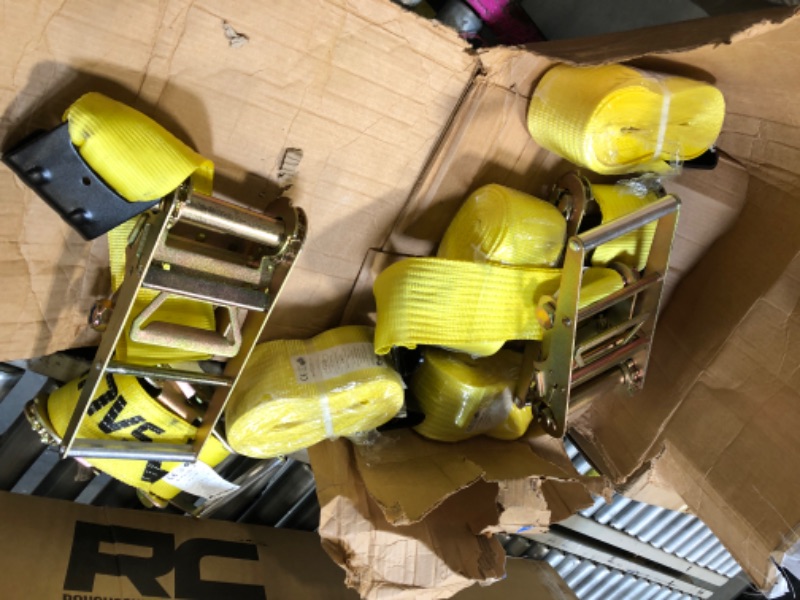 Photo 1 of ** USED ** SALUINOKI 4Pack 4 inch Ratchet Straps 4x30 Truck Strap with Flat Hook for Flatbed Trailer Winch Strap Heavy Duty 4 inch Ratchet Straps Flatbed Yellow