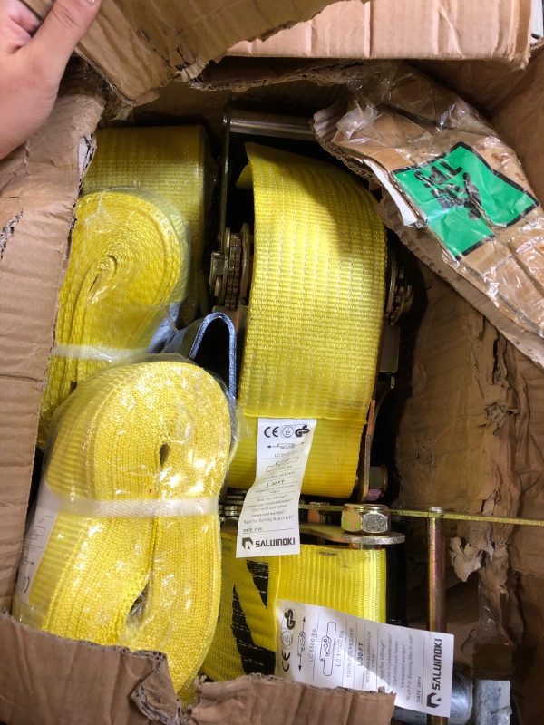 Photo 1 of ** USED ** SALUINOKI 4Pack 4 inch Ratchet Straps 4x30 Truck Strap with Flat Hook for Flatbed Trailer Winch Strap Heavy Duty 4 inch Ratchet Straps Flatbed Yellow
