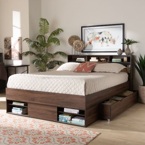 Photo 1 of ***AS IS/ NO RETURNS, LIKELY MISSING PARTS, FOR PARTS ONLY*** Baxton Studio Tristan Queen Platform Storage Bed with Shelves in Walnut Finish
