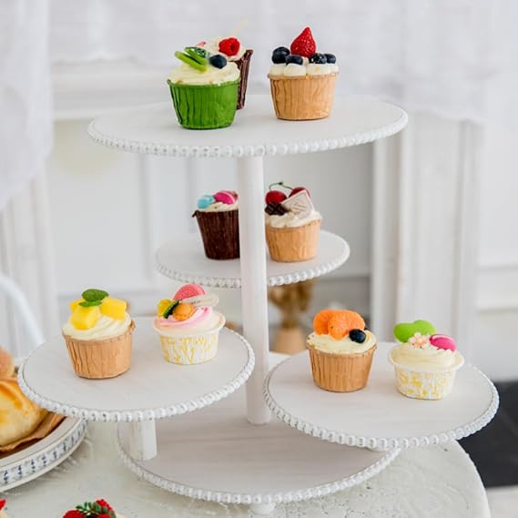 Photo 1 of *** RITALE PRICE 34.99****4 Tiered Beaded Cake and Cupcake Stand, Rustic Wooden Cupcake Tower Stands for 50 Cupcakes, White Cupcake Tier Stand Display for Birthday Wedding Baby Shower Tea Party Decor