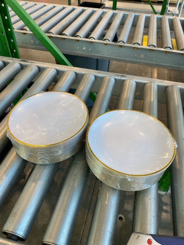 Photo 1 of *SMALL* LCCFHTI 100PCS White Gold Plastic Plates, 7 Inch Heavy Duty Disposable Dessert Plates with Gold Rim, Round Appetizer/Salad Plates for Wedding, Party, Camping, Picnic