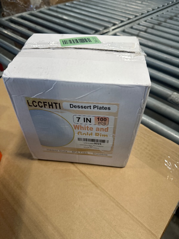 Photo 1 of *SMALL* LCCFHTI 100PCS White Gold Plastic Plates, 7 Inch Heavy Duty Disposable Dessert Plates with Gold Rim, Round Appetizer/Salad Plates for Wedding, Party, Camping, Picnic