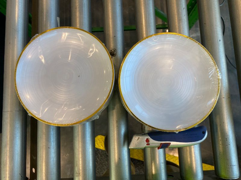 Photo 1 of *SMALL* LCCFHTI 100PCS White Gold Plastic Plates, 7 Inch Heavy Duty Disposable Dessert Plates with Gold Rim, Round Appetizer/Salad Plates for Wedding, Party, Camping, Picnic