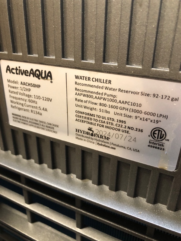 Photo 1 of ******it turns on perfectly****** Active Aqua AACH50HP Water Chiller for Aquarium, Hydroponics, Bathtub – 0.5 HP, Fast Cooling, 90-172 Gallons, Titanium Evaporator – Fittings Included