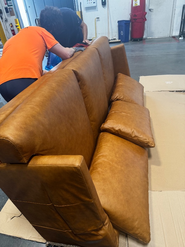 Photo 1 of *********A BROKEN ARM REST****************POLY & BARK Girona 88" Sofa – Cognac Tan Full-Grain Pure-Aniline Italian Leather, Feather-Down Cushions, Kiln-Dried Solid Wood Frame, Walnut Legs