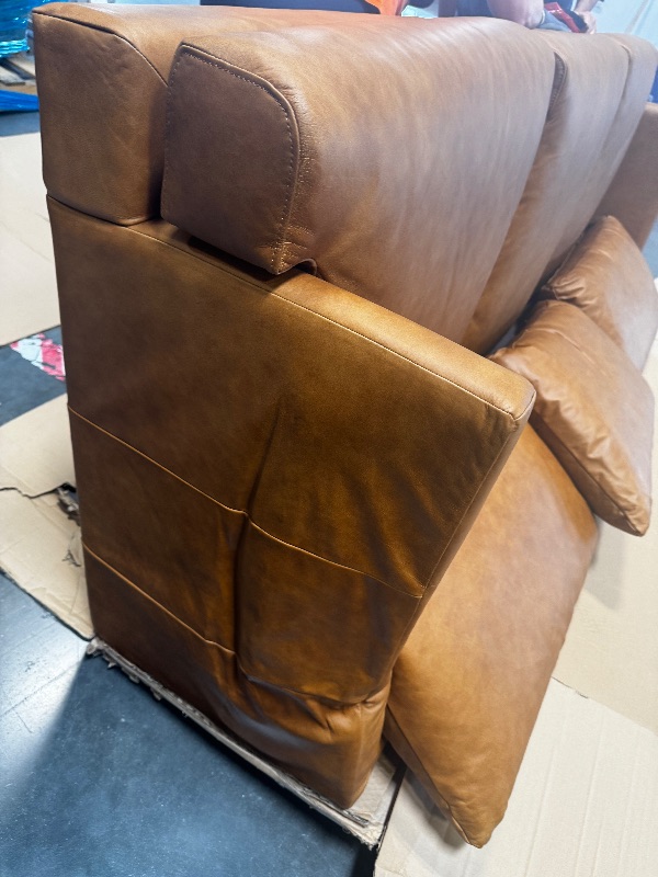 Photo 1 of *********A BROKEN ARM REST****************POLY & BARK Girona 88" Sofa – Cognac Tan Full-Grain Pure-Aniline Italian Leather, Feather-Down Cushions, Kiln-Dried Solid Wood Frame, Walnut Legs