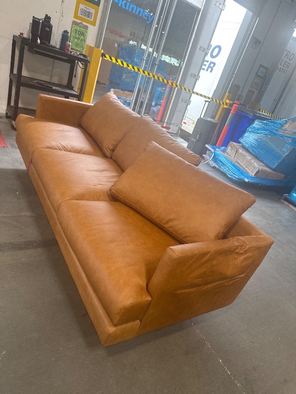 Photo 1 of *********A BROKEN ARM REST****************POLY & BARK Girona 88" Sofa – Cognac Tan Full-Grain Pure-Aniline Italian Leather, Feather-Down Cushions, Kiln-Dried Solid Wood Frame, Walnut Legs