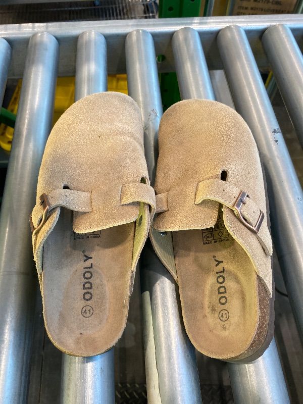 Photo 1 of *USED* ODOLY Genuine Suede Clogs for Women Men Soft Cork Footbed Leather Mules Comfort Potato Shoes with Arch Support, Taupe-41*Major Damaged*