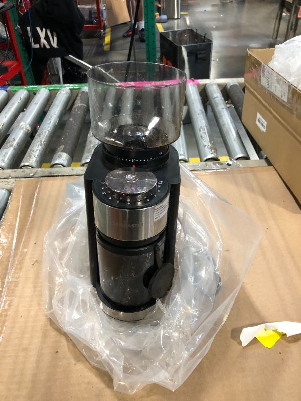 Photo 1 of ***MISSING LID****Aromaster conical burr grinder, 25 grind settings, 2-12 cups timer, portafilter holder, anti-static, includes brush, black