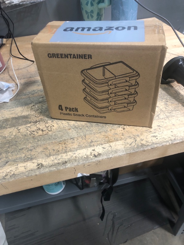 Photo 1 of 4 Pack Plastic Snack Containers with Lids, 2 Compartment Food Container for Kids Snack Box, Travel Bento Lunch Containers with forks for Fruits/Candies, Divided Food Storage Containers for School