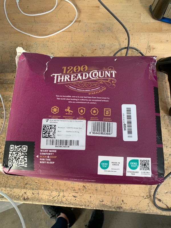 Photo 1 of ***(HEAVILY USED/ MINOR DAMAGE)***TEXAS LINEN CO. 100% Egyptian Cotton Sheets California King Size Bed Set - 4 PC 1200 Luxury High Thread Count White Cal King Sheet Set, Silky Soft, Cooling, Sateen Weave, 17" Deep Pocket Bedsheet