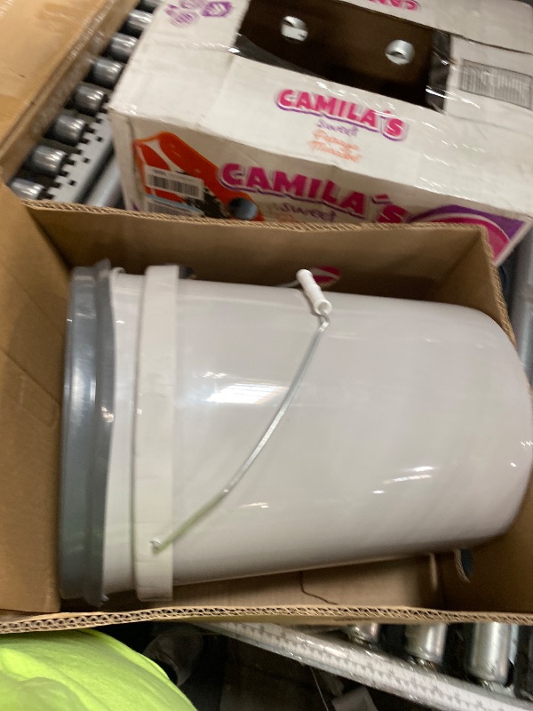 Photo 1 of (1 pc) Mighty Tuff 5 Gallon / 21 Pound Pet Food Storage Container, Pack of 2 with Metal Handle and Airtight Lid to Lock in Freshness, Light Grey Base & Dark Grey Lid