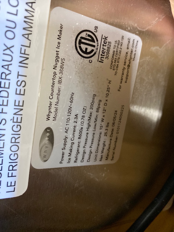 Photo 1 of **PARTS ONLY**Whynter Nugget Ice Maker, Countertop Portable Ice Maker, IBX-388WS SonicSnö, Automatic Self-Cleaning with Removable Ice Drawer Compact Ice Maker for Home Bar, 40 lbs/24H, Stainless Steel and White