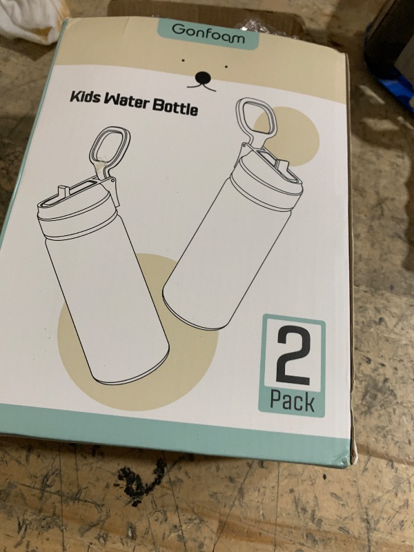 Photo 1 of **DARK BLUE BOTTLE HAS A BIG PIECE BROKEN OFF WHERE THE LID CLOSES** Kids Water Bottle, 2-Pack 16oz Water Bottles with Stickers and Straw, Stainless Steel Vacuum Insulated cup, Kids Water Bottle for School, Gifts for Boys and Girls(Blue/Purple)