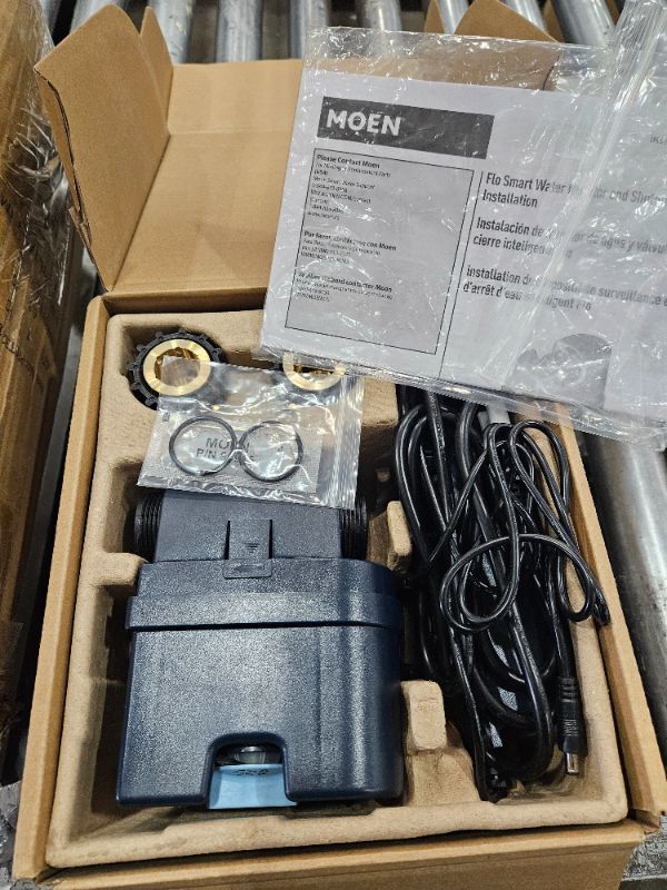 Photo 1 of ** Damaged power inlet ** Moen Flo Smart Water Monitor and Automatic Shutoff Sensor, Wi-Fi Connected Water Leak Detector for 1-Inch Diameter Pipe, 900-006