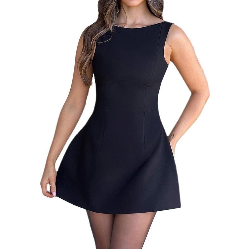 Photo 1 of ABYOVRT Women Sexy Backless Mini Dress Sleeveless Open Back A Line Tank Dress Formal College Graduation Dress (Black,S)