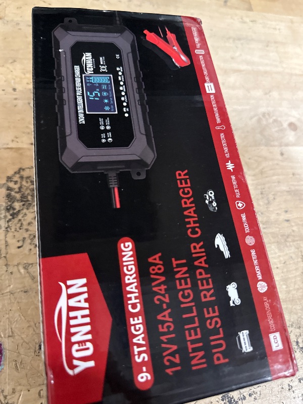 Photo 1 of (USED/FAIR) (UNTESTED) YONHAN 15A Battery Charger, 12V/24V LiFePO4 & Lead Acid Car Battery Charger, 9-Stage Trickle Charger with Temp Compensation, Automotive Battery Maintainer for Car Truck Motorcycle Lawn Mower Boat(Red)