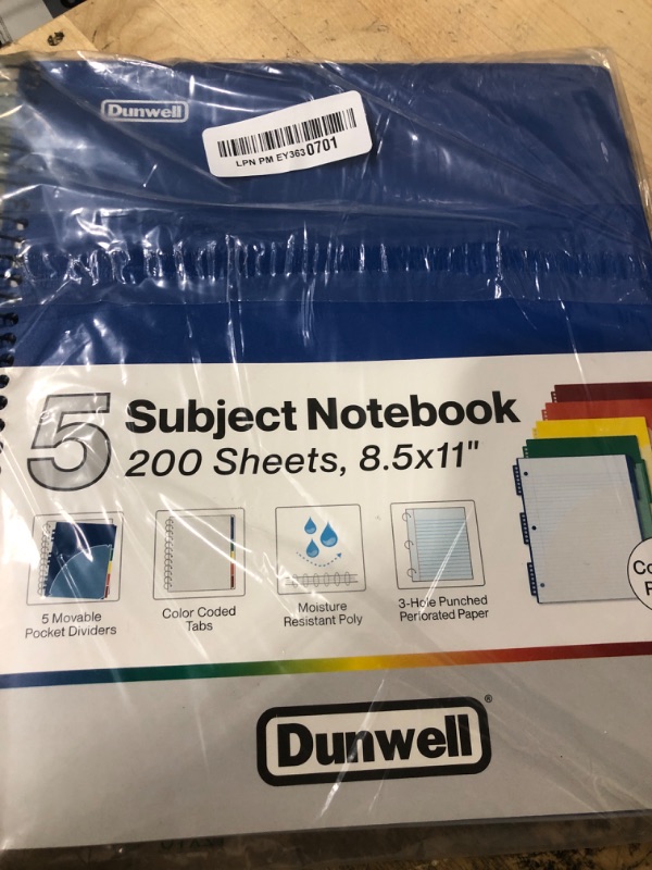Photo 1 of Dunwell 5-Subject Spiral Notebook, College Ruled (Blue), Colorful Movable Pocket Dividers with Tabs, Front/Back Plastic Covers, 200 Sheets (400 Pages) of 3-Hole Punch Perforated 8.5x11 Paper