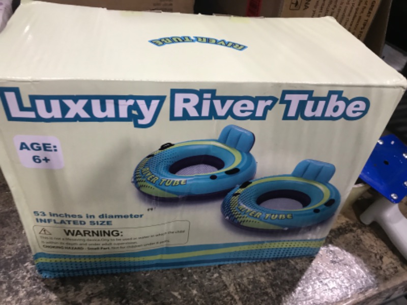 Photo 1 of 2 Pack 53" Heavy Duty River Tube Float for Adults,Inflatable River Raft Float for Pool Lake Beach with Built-in Cup Holders,Ergonomic Backrest,Durable Grip Handles & Grab Rope,360Lb Weight Capacity