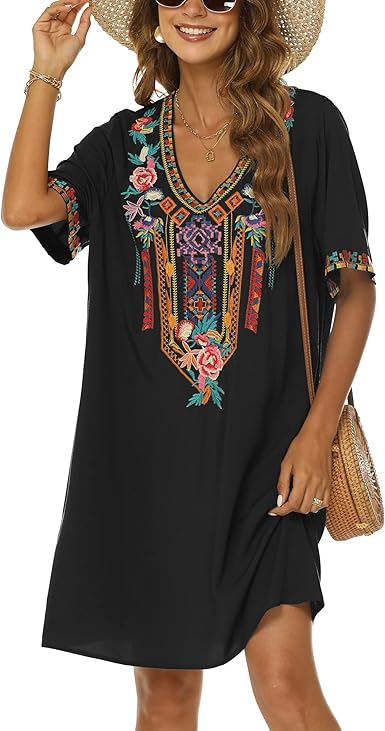 Photo 1 of ***SEE NOTES*** 
Grosy Women's Embroidered Mexican Peasant Dresses, Plus Size Fiesta Boho Dress for Women, Traditional Floral Bohemian Tunic size: M
