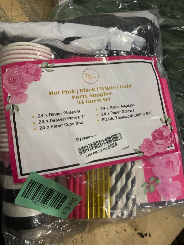 Photo 1 of 121 Pc Black and Pink Birthday Decorations - Disposable Tableware Set - Serves 24 - Plates, Cups, Napkins, Tablecloth, Straws - Hot Pink Party Decorations