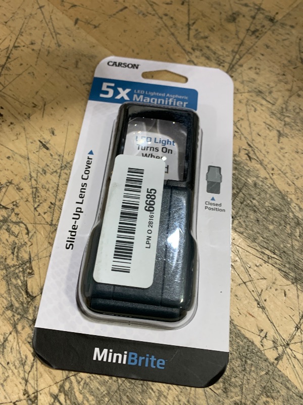 Photo 1 of Carson MiniBrite LED Lighted Slide-Out Aspheric Magnifier with Protective Sleeve (PO-55), 5X, Gray