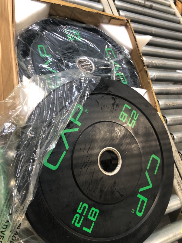 Photo 1 of ****BRAND NEW ITEM****** CAP Barbell Economy Olympic Bumper Plate Set with Green Logo, Black, 25 lb Pair