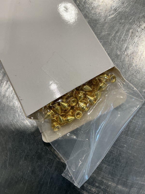 Photo 1 of 170 Pieces Multiple Sizes Cone Spikes Screwback Studs Rivets Large Medium Small Metal Tree Spikes Studs for Punk Style Clothing Accessories DIY Craft Decoration (Golden)