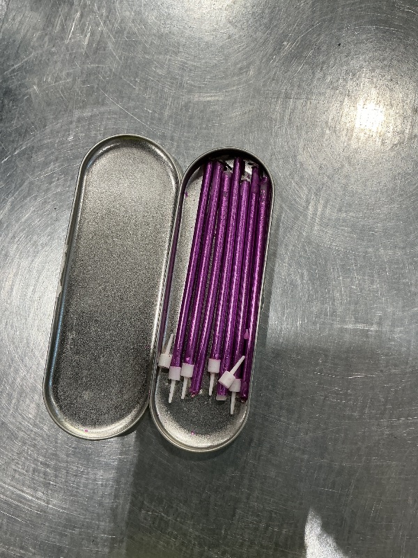 Photo 1 of 12 Count Long Thin Purple Birthday Cake Candles in Holders for Birthday Wedding Party Cupcake Decorations Tall Candle