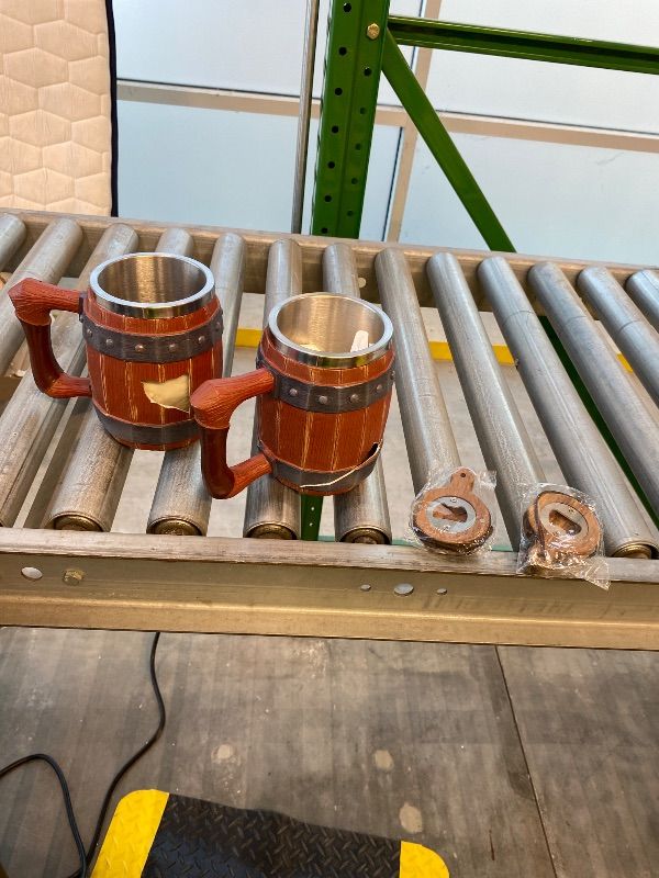 Photo 1 of ***MAJOR DAMAGE*** ***READ CLERK NOTES***Viking Mugs for Men, Stainless Steel Beer Mug, Wooden Stainless Steel Beer Mug, Bottle Opener, Medieval Nordic Style Pub Stein, Renaissance Bar Decor, for Beer Lovers and Men 20 OZ