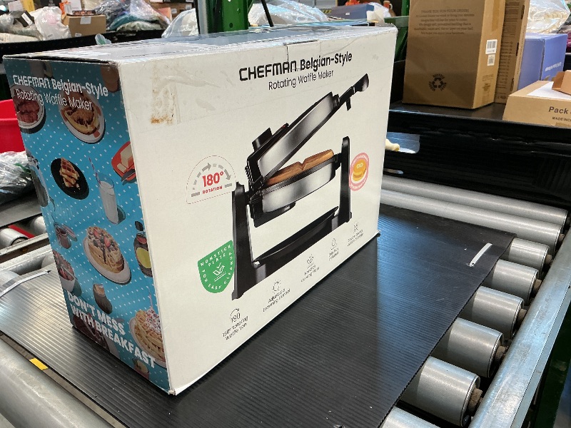 Photo 1 of *BROKEN HANDLE* Chefman Rotating Belgian Waffle Maker, 180° Flip Iron w/ Non-Stick Plates, Adjustable Timer, Locking Lid, & Drip Plate, Space Saving Storage, Mess-Free Breakfast, Stainless Steel/Black