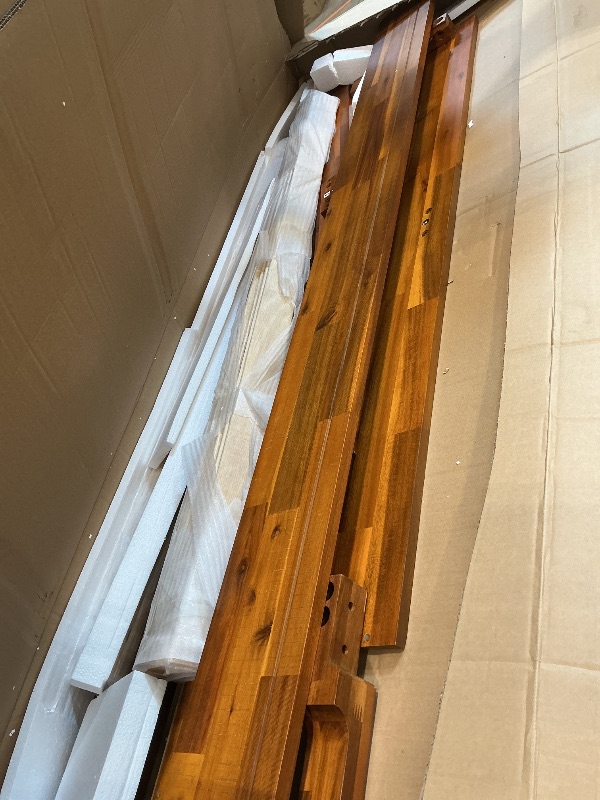 Photo 1 of **MISSING HEADBOARD/will need truck or trailer for pick up***Bme Vivian 14 Inch Deluxe Bed Frame with Headboard, Rustic & Scandinavian Style with Solid Acacia Wood, No Box Spring Needed, 12 Strong Wood Slat Support, Easy Assembly, Queen, Rustic Golden Bro